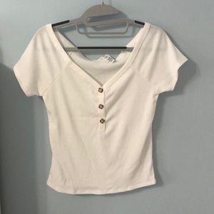 Cream ribbed button off the shoulder top